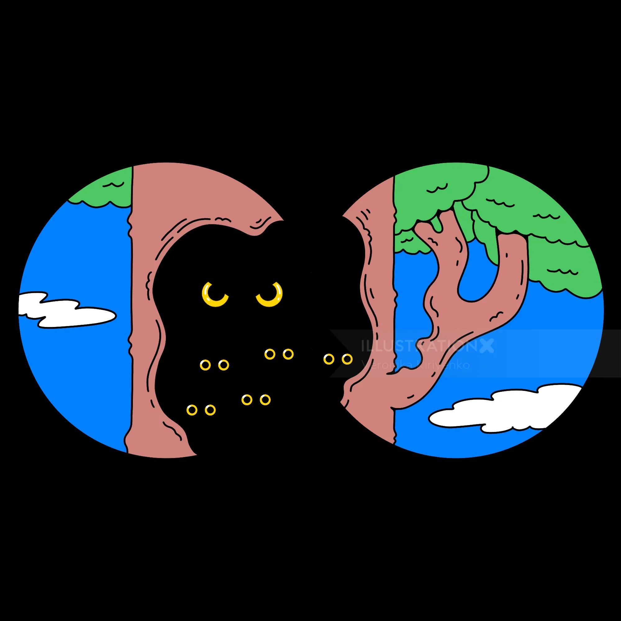 View through binoculars showing dark owl in tree at night