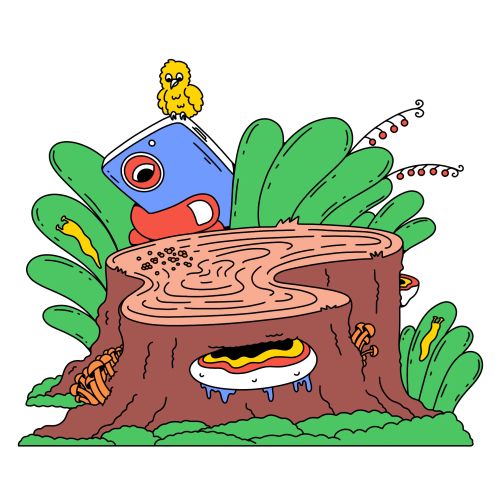 Colorful cartoon tree stump with eyes, bird, and green leaves