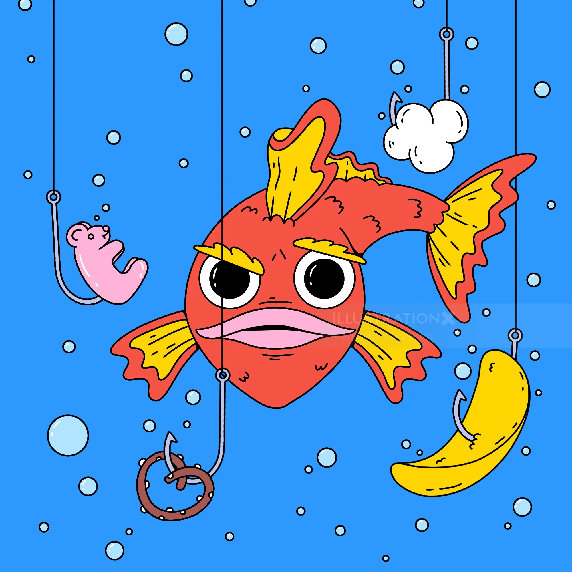 Confused fish surrounded by whimsical floating snacks underwater