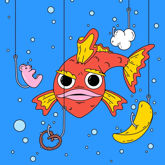 Confused fish surrounded by whimsical floating snacks underwater