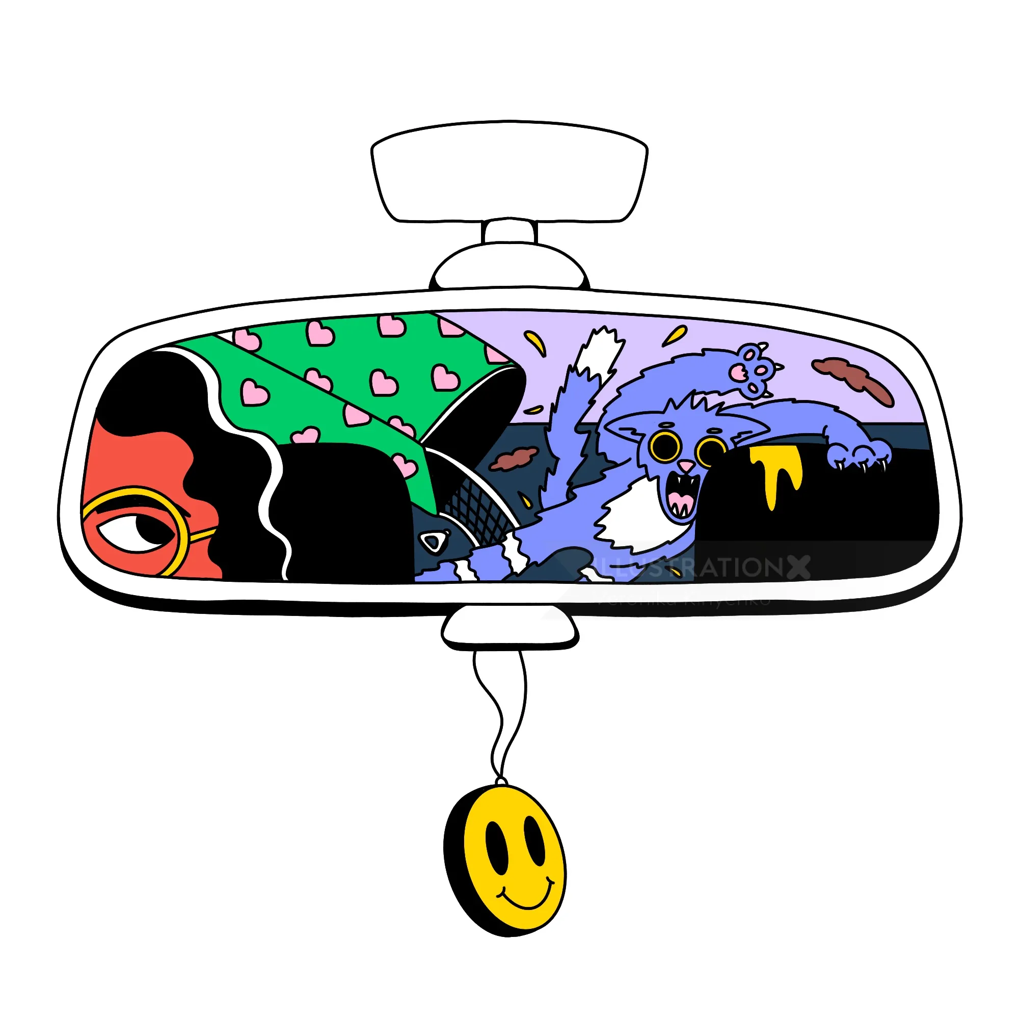 Rearview mirror reflection showing a cat and a driver with a smiley air freshener