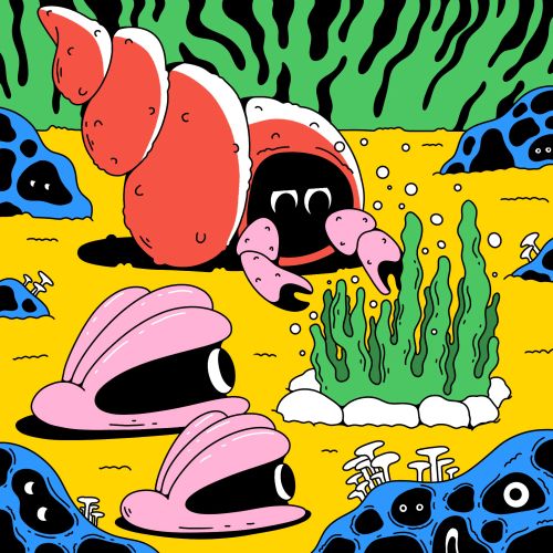Cartoon hermit crab and clams underwater with plants