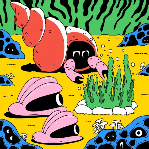 Cartoon hermit crab and clams underwater with plants