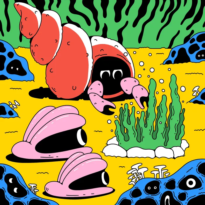 Cartoon hermit crab and clams underwater with plants