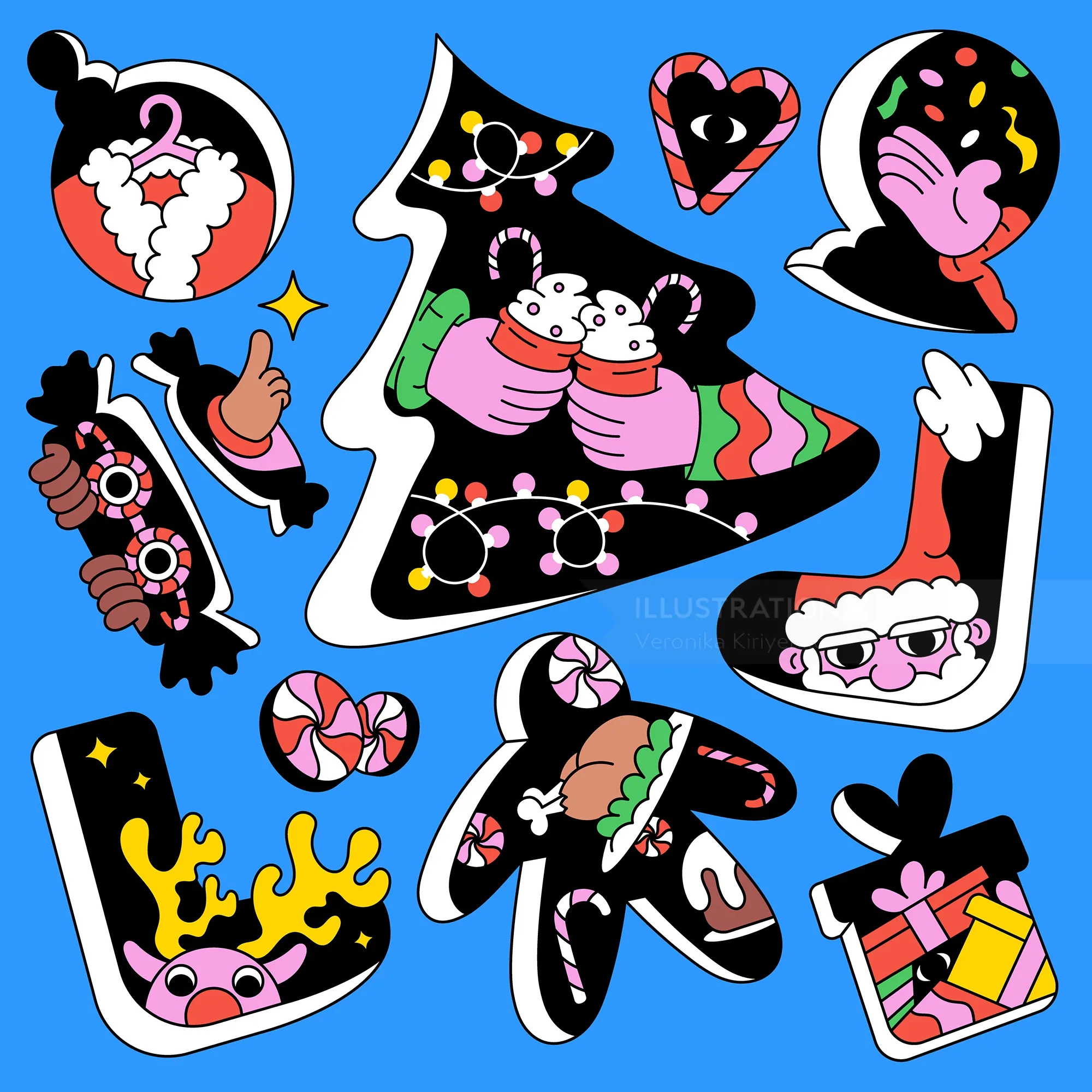 Colorful Christmas-themed stickers on blue background