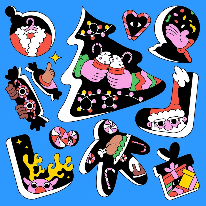 Colorful Christmas-themed stickers on blue background