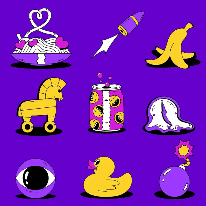 Colorful movie genre icons including food, trojan horse, ghost, and more