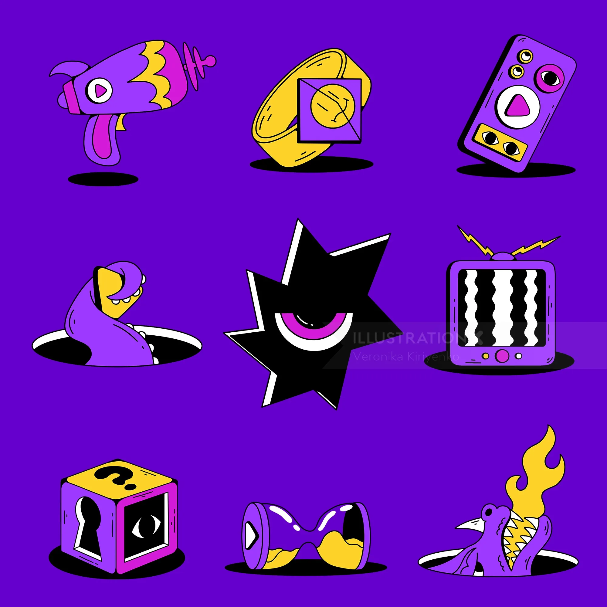 Colorful movie genre icons on purple background