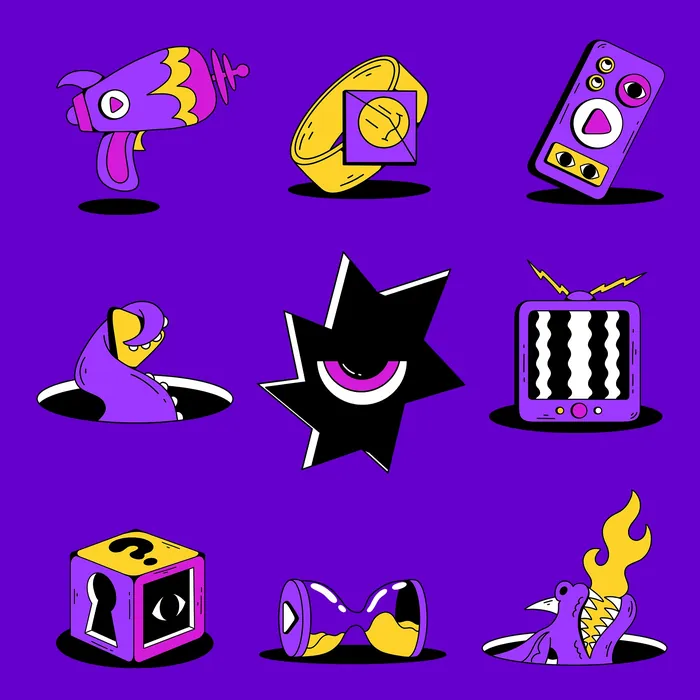 Colorful movie genre icons on purple background