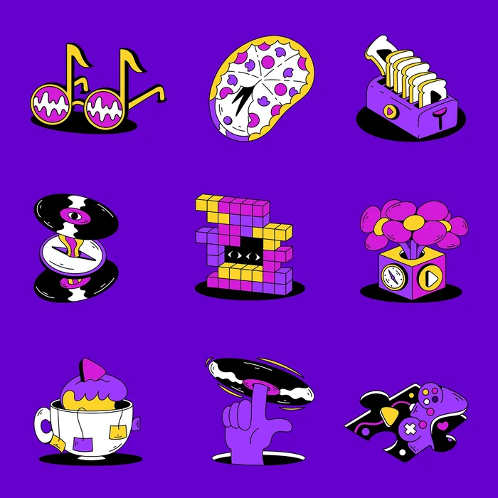 Colorful music-themed user statistics icons on purple background