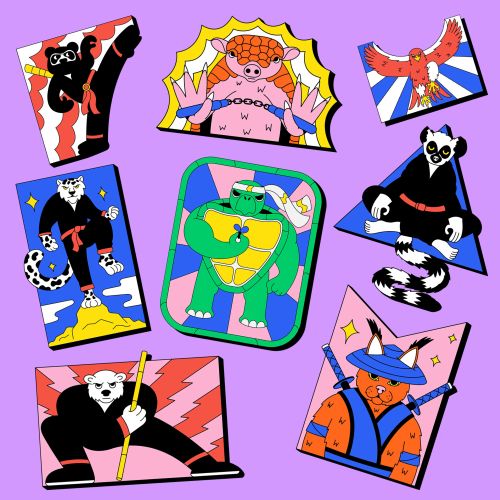 Colorful ninja animal patches including panda, turtle, eagle, and others
