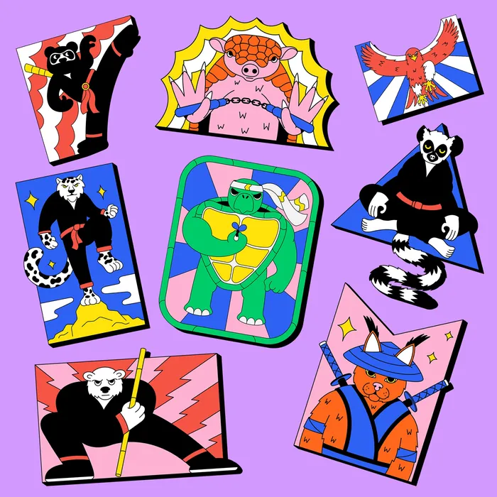 Colorful ninja animal patches including panda, turtle, eagle, and others