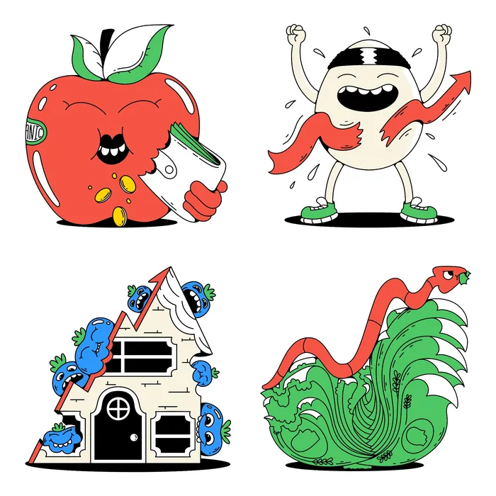 Cartoon illustrations symbolizing inflation and rising food prices