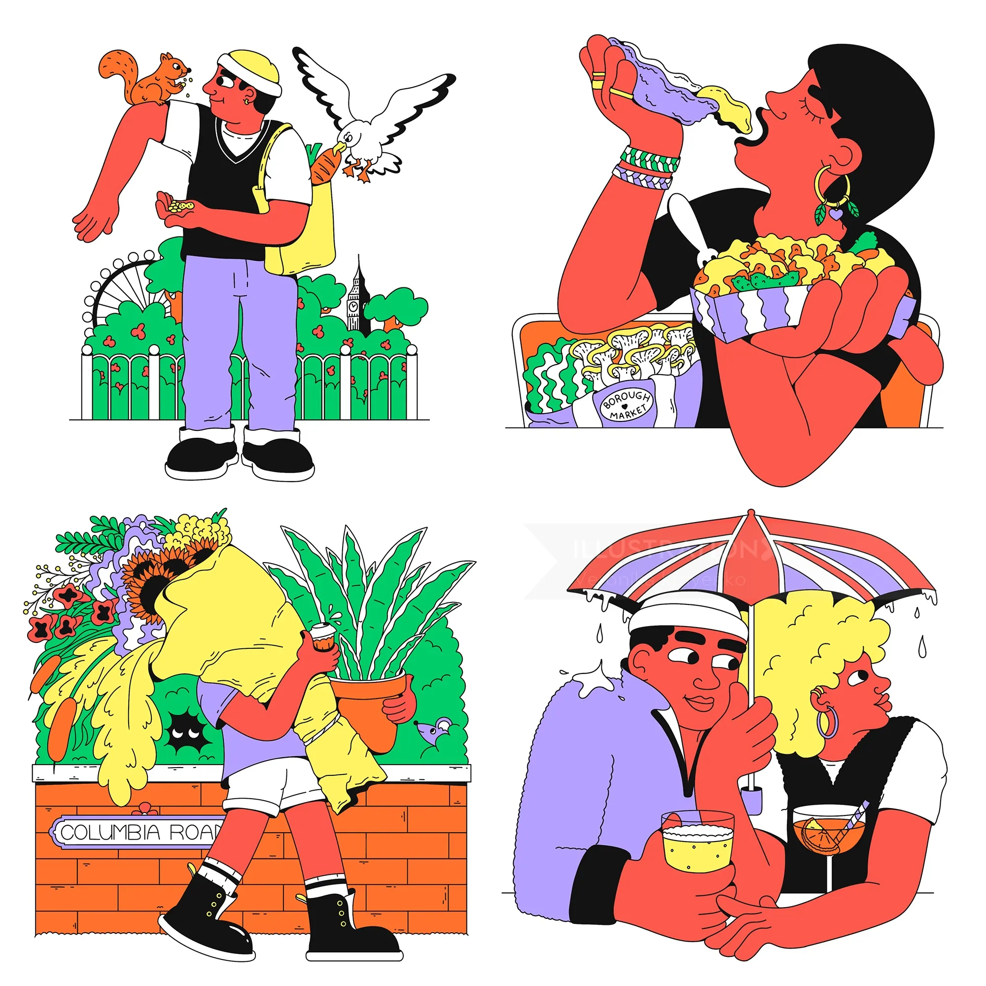 Illustrations of London activities: park, food market, flowers, and rainy pub