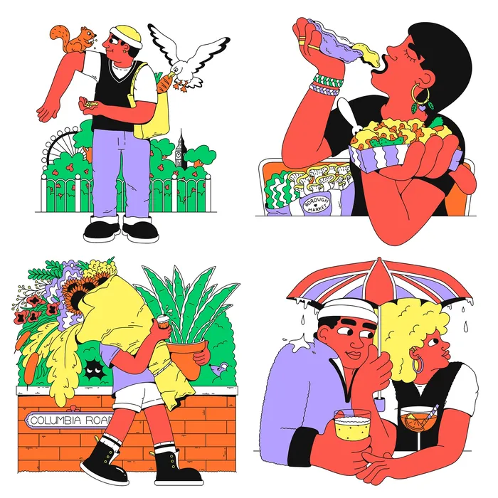 Illustrations of London activities: park, food market, flowers, and rainy pub