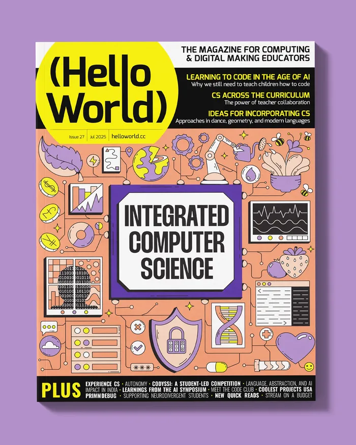 Hello World magazine cover showing integrated computer science theme