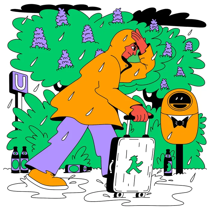 Person in yellow raincoat pulling suitcase near green bushes and trash bin