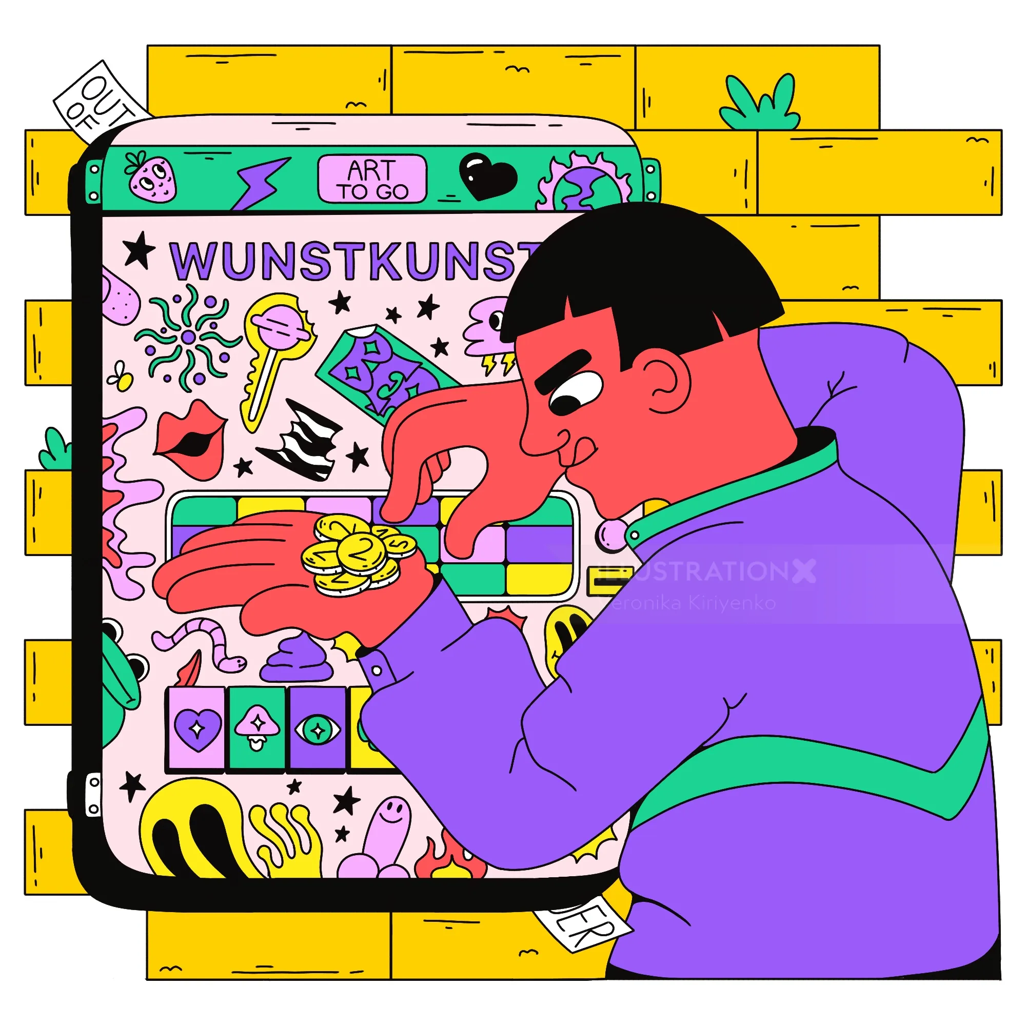 Person interacting with colorful Berlin vending machine labeled WUNSTKUNST