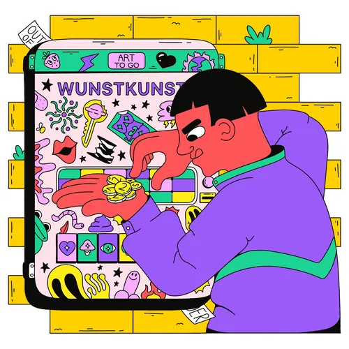 Person interacting with colorful Berlin vending machine labeled WUNSTKUNST