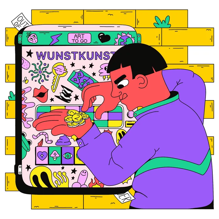 Person interacting with colorful Berlin vending machine labeled WUNSTKUNST