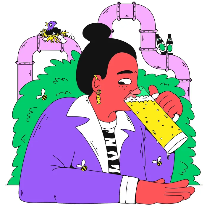 Person with dark hair drinking beer near pink pipes and pigeon