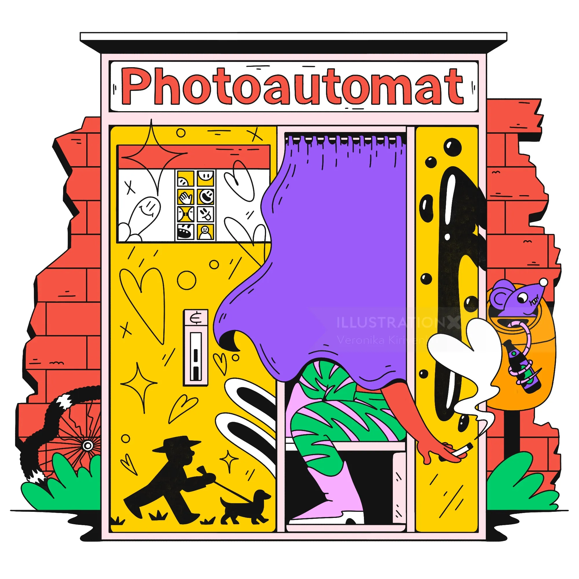 Colorful Berlin photo booth with curtain, rat, bicycle wheel, and dachshund