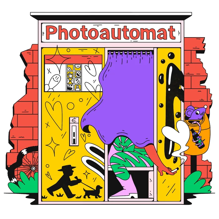 Colorful Berlin photo booth with curtain, rat, bicycle wheel, and dachshund