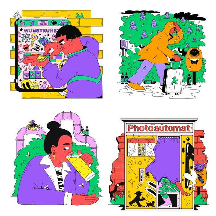 Four colorful scenes showing quirky Berlin life moments and characters