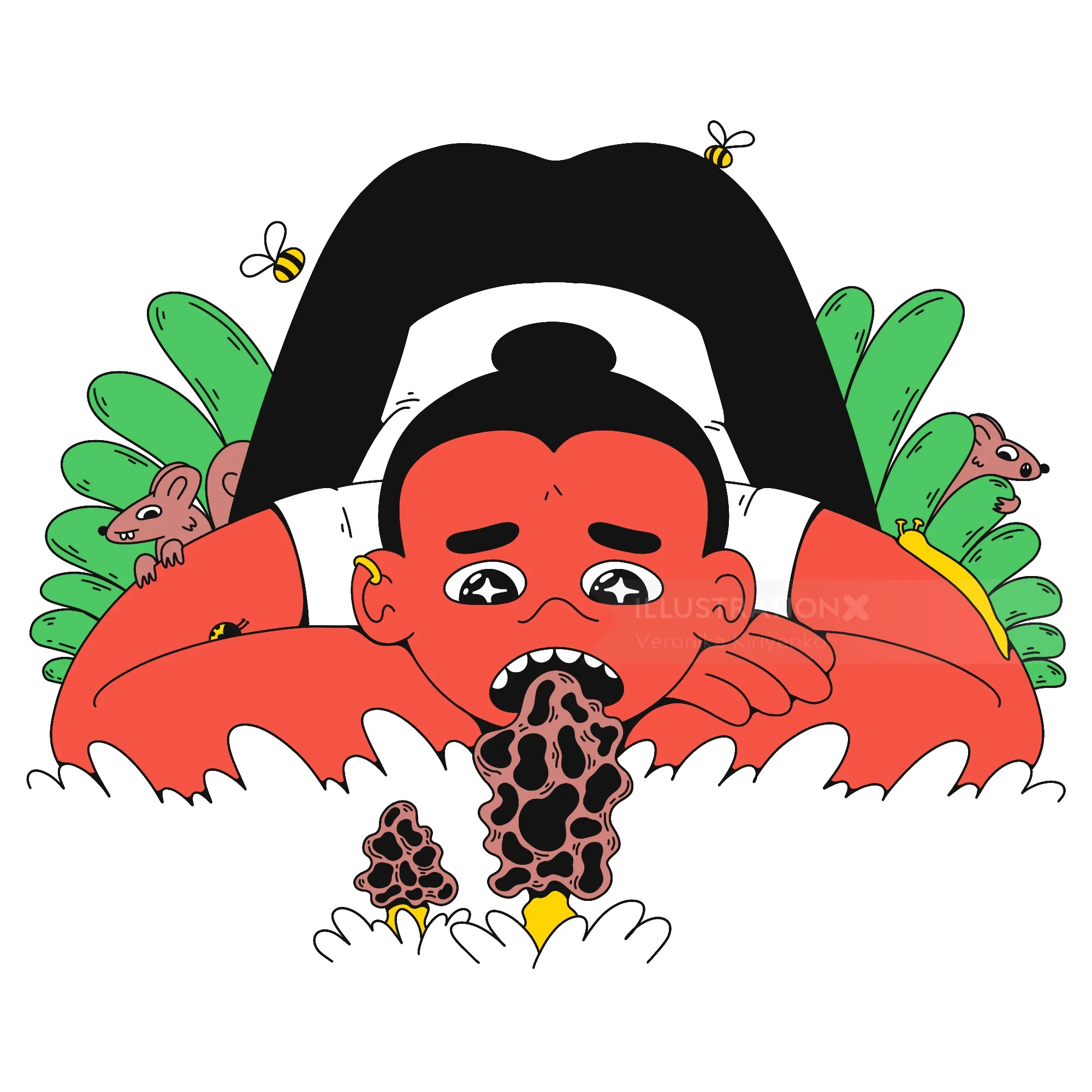 Person lying and examining morel mushrooms with bees and squirrels nearby