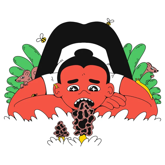 Person lying and examining morel mushrooms with bees and squirrels nearby