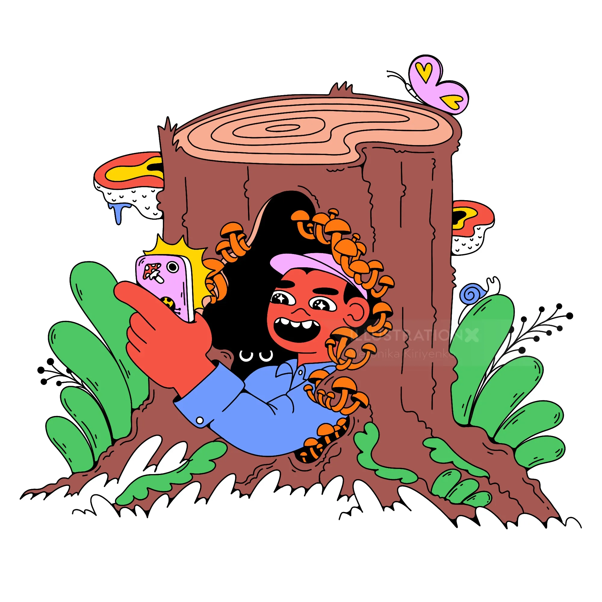 Person taking selfie inside hollow tree surrounded by mushrooms and butterfly