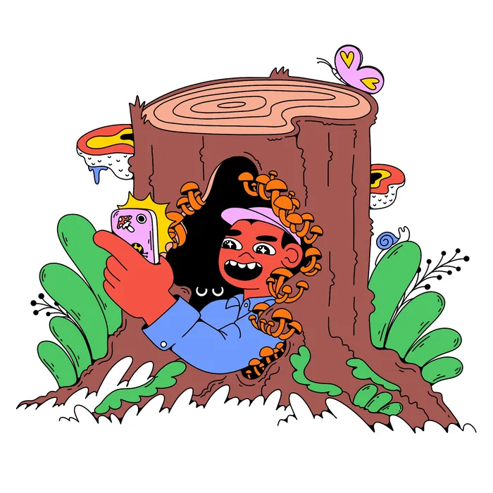 Person taking selfie inside hollow tree surrounded by mushrooms and butterfly