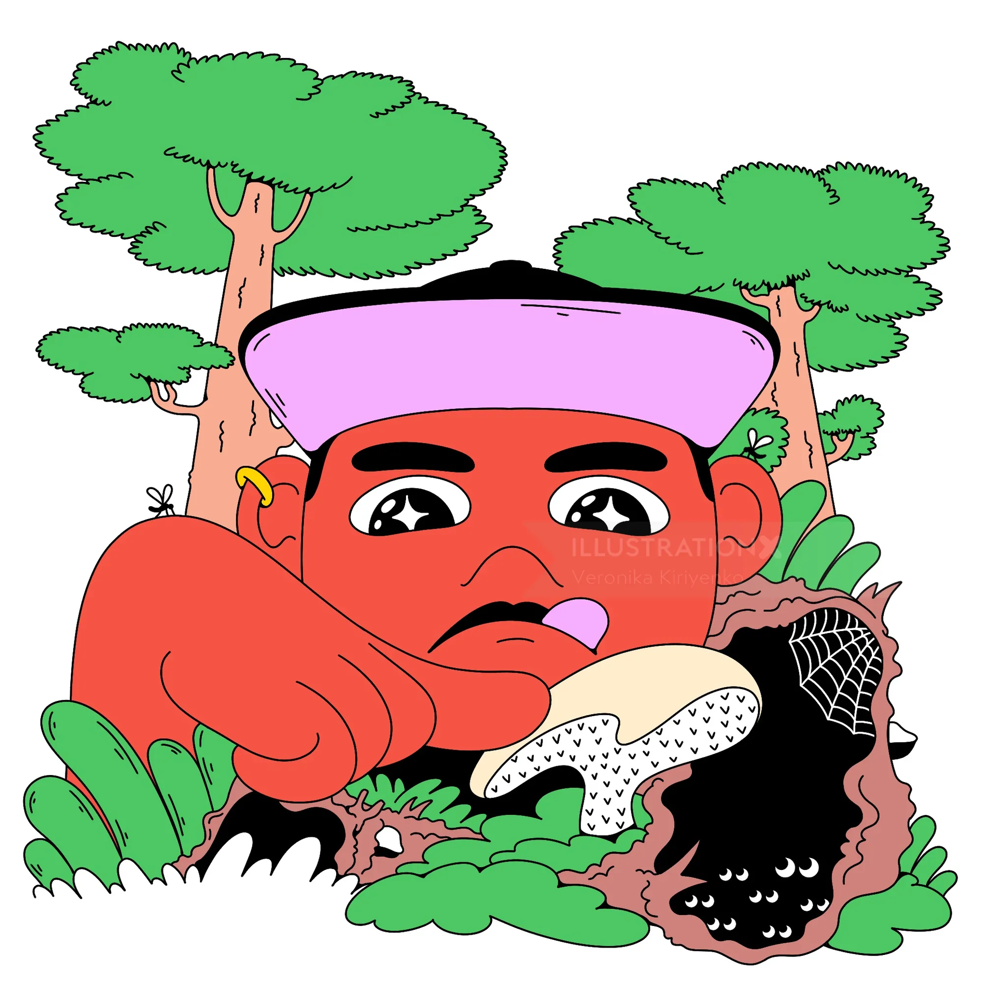 Person touching a cat-tongue mushroom in a forest setting