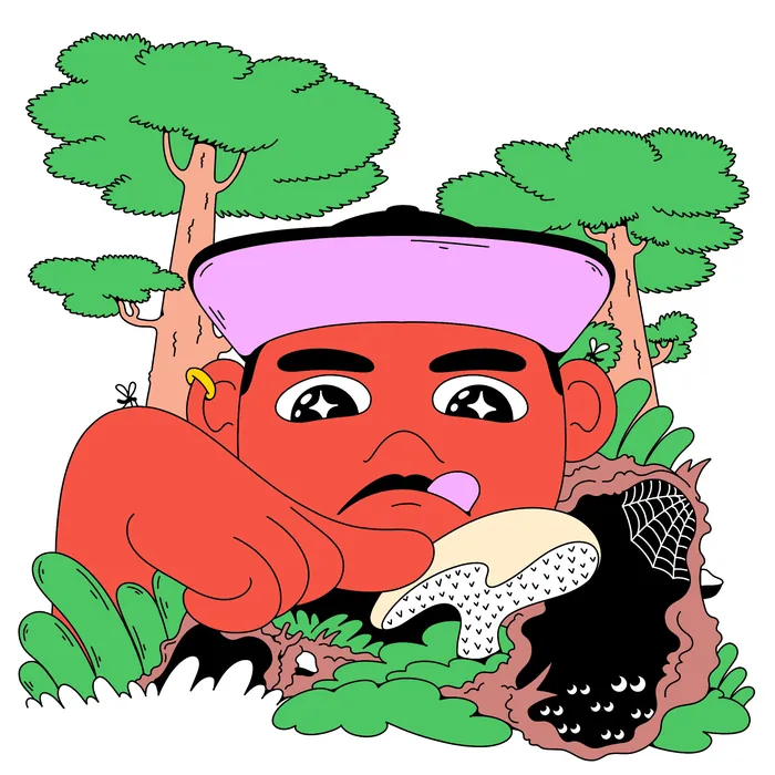 Person touching a cat-tongue mushroom in a forest setting