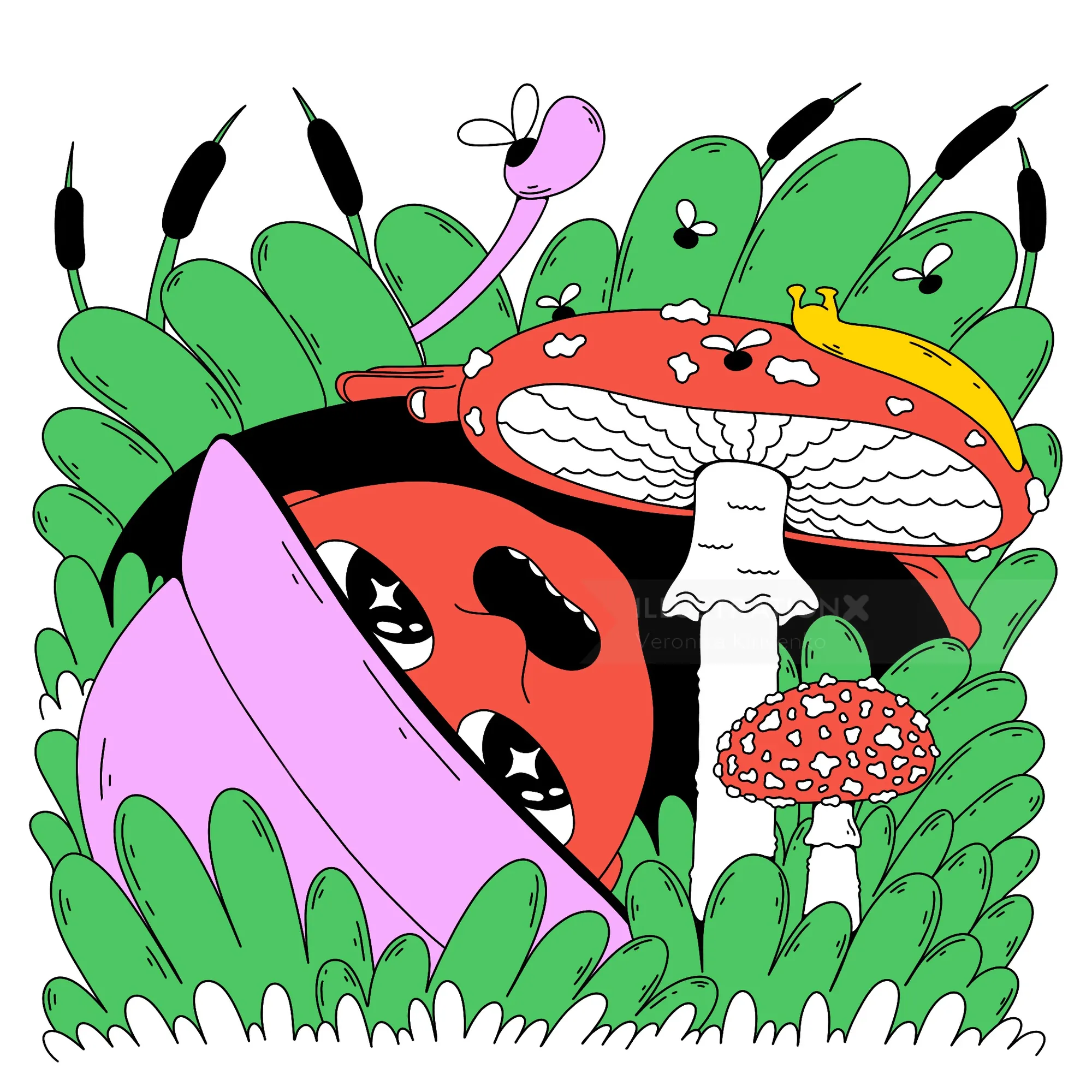 Cartoon ladybug with hat among fly agaric mushrooms and plants