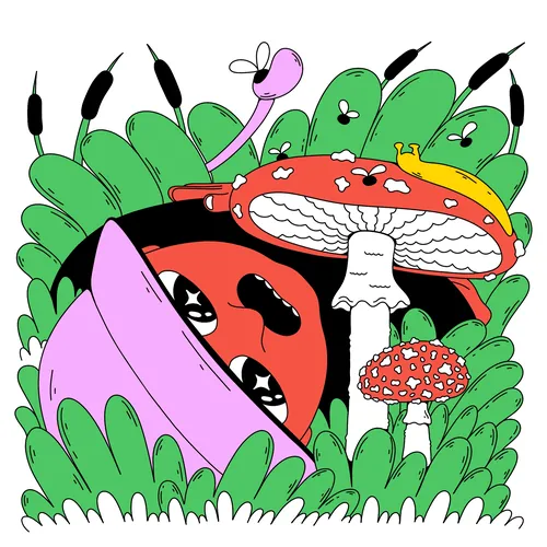 Cartoon ladybug with hat among fly agaric mushrooms and plants