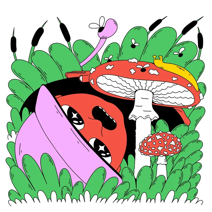 Cartoon ladybug with hat among fly agaric mushrooms and plants