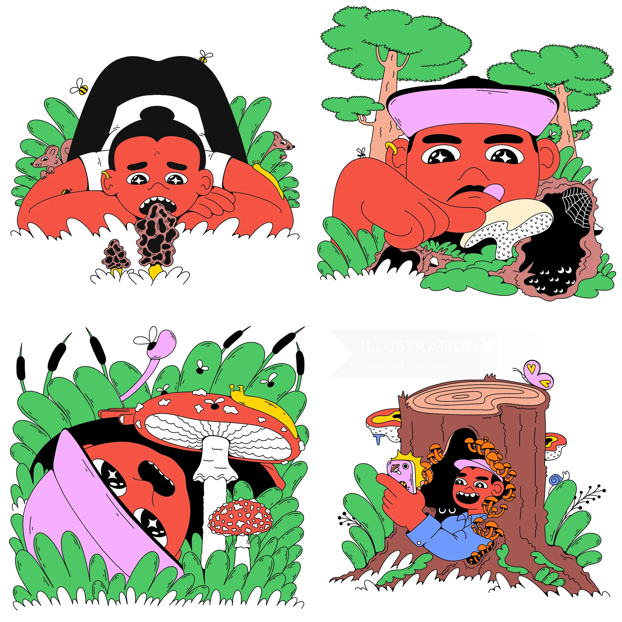Illustrations of a person interacting with different mushrooms in nature