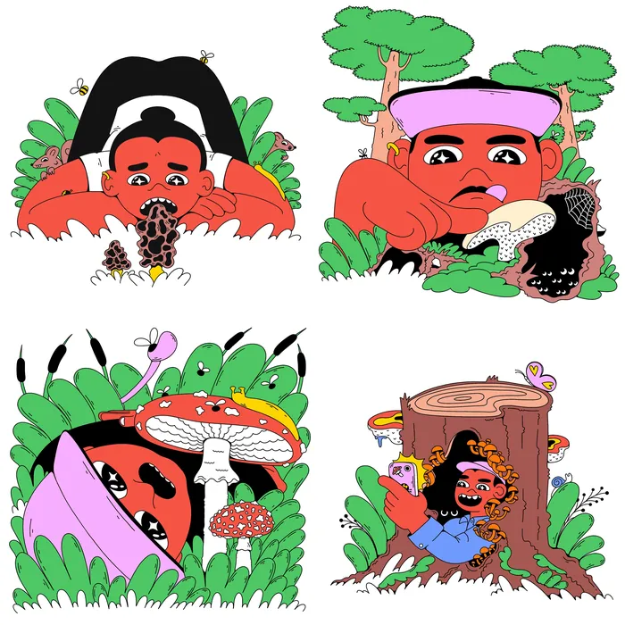 Illustrations of a person interacting with different mushrooms in nature