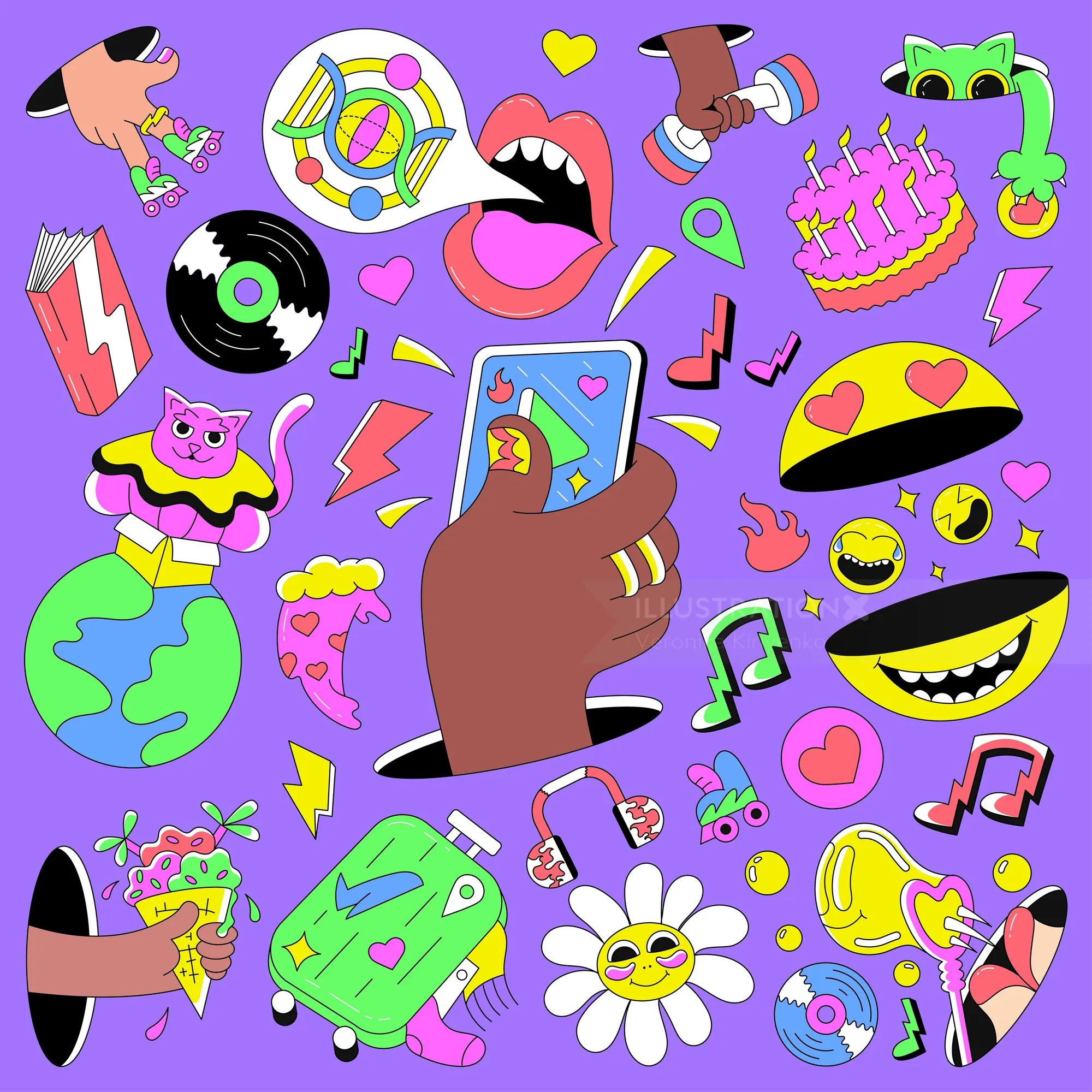 Vibrant multi-icon sticker set by Veronika Kiriyenko with phones and music