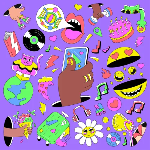 Vibrant multi-icon sticker set by Veronika Kiriyenko with phones and music