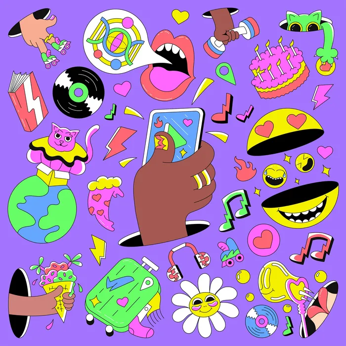 Vibrant multi-icon sticker set by Veronika Kiriyenko with phones and music