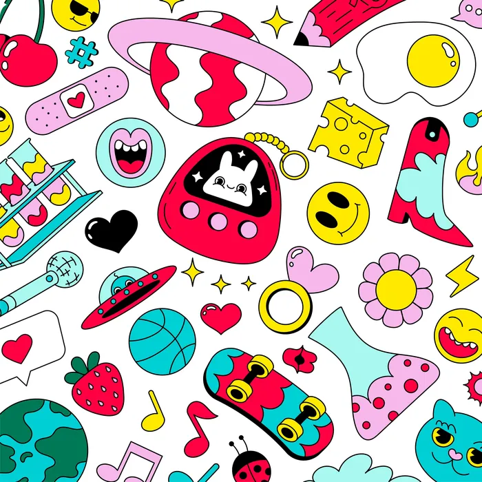 Colorful pattern of cute cartoon objects with hearts, cats, planets, and skateboards by Veronika Kir