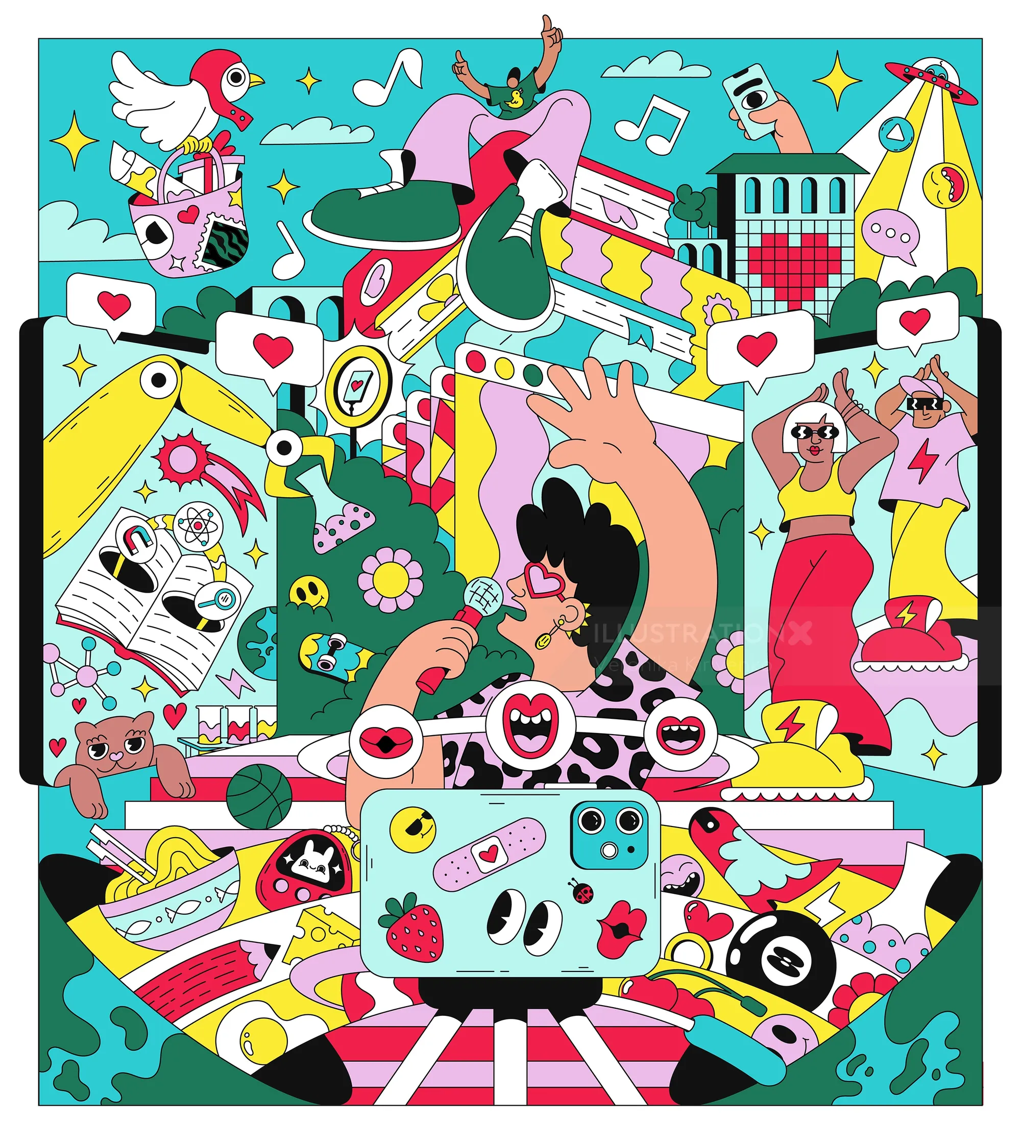 Colorful playful TikTok-themed illustration by Veronika Kiriyenko