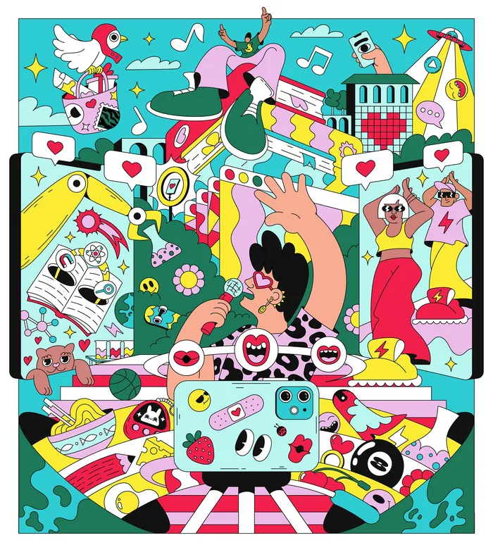 Colorful playful TikTok-themed illustration by Veronika Kiriyenko