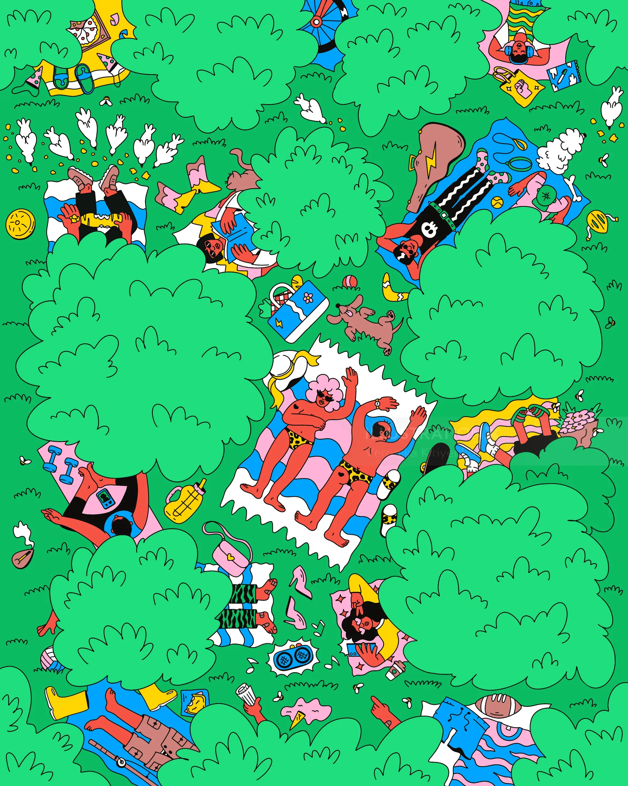 Vibrant cartoon park scene with playful characters and lush green trees by Veronika Kiriyenko
