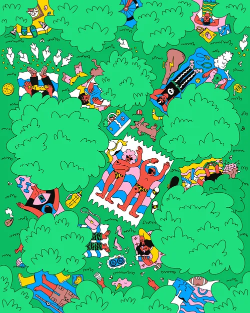 Vibrant cartoon park scene with playful characters and lush green trees by Veronika Kiriyenko