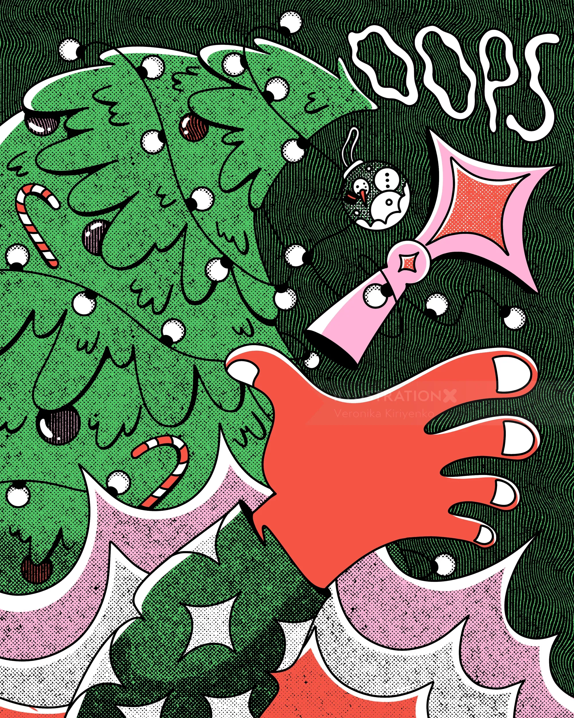 Ironic Christmas tree with large red hand and candy canes by Veronika Kiriyenko