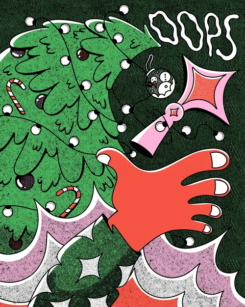 Ironic Christmas tree with large red hand and candy canes by Veronika Kiriyenko