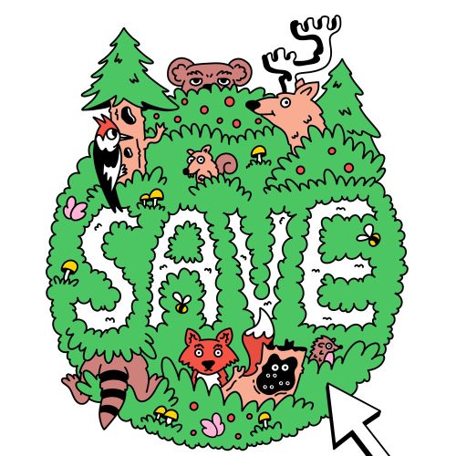 Forest animals in green foliage forming Save text by Veronika Kiriyenko